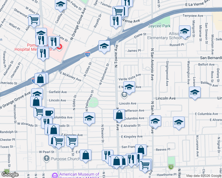 map of restaurants, bars, coffee shops, grocery stores, and more near 486 Roosevelt Avenue in Pomona