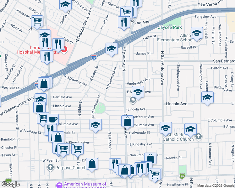 map of restaurants, bars, coffee shops, grocery stores, and more near 486 Roosevelt Avenue in Pomona