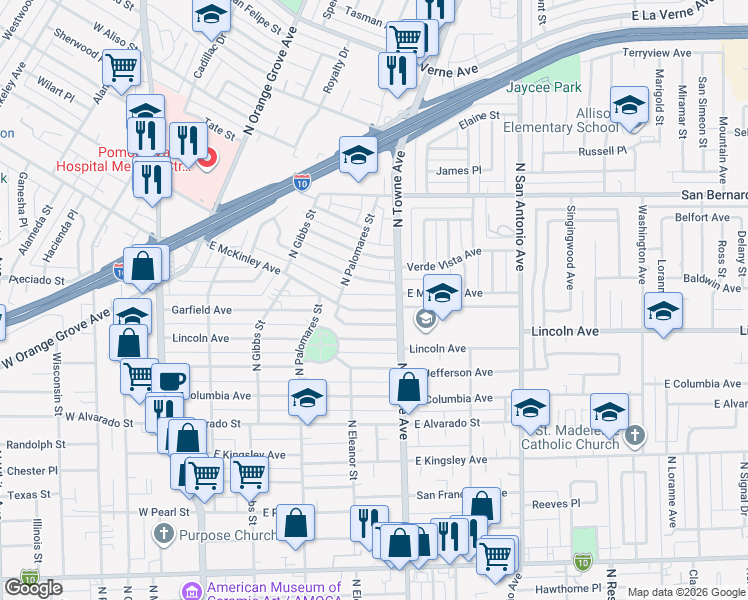map of restaurants, bars, coffee shops, grocery stores, and more near 486 Roosevelt Avenue in Pomona