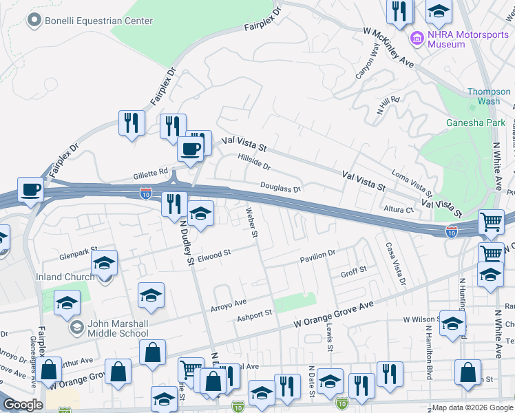map of restaurants, bars, coffee shops, grocery stores, and more near 1270 Murchison Avenue in Pomona