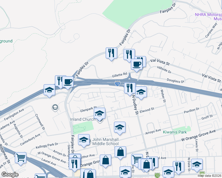 map of restaurants, bars, coffee shops, grocery stores, and more near 1619 Club Drive in Pomona