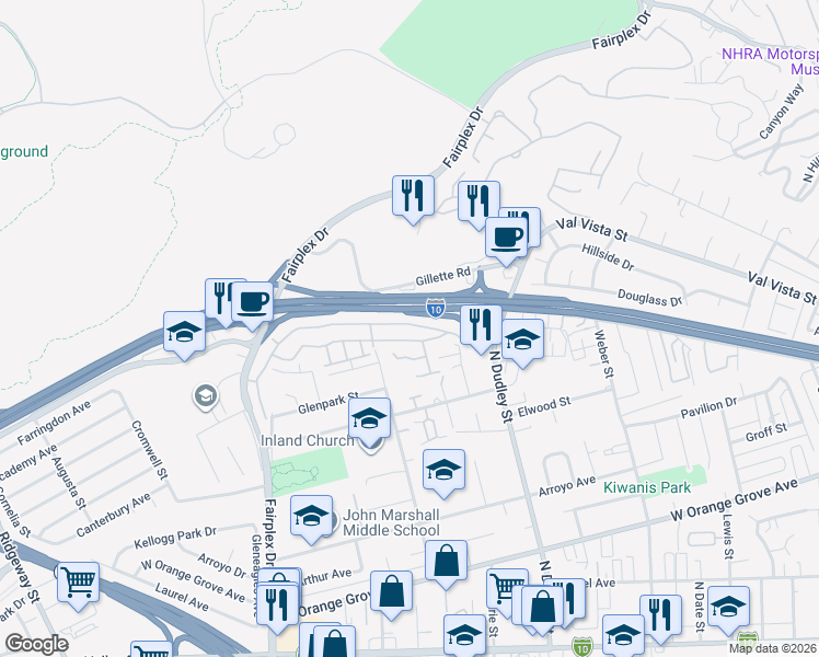 map of restaurants, bars, coffee shops, grocery stores, and more near 1619 Club Drive in Pomona