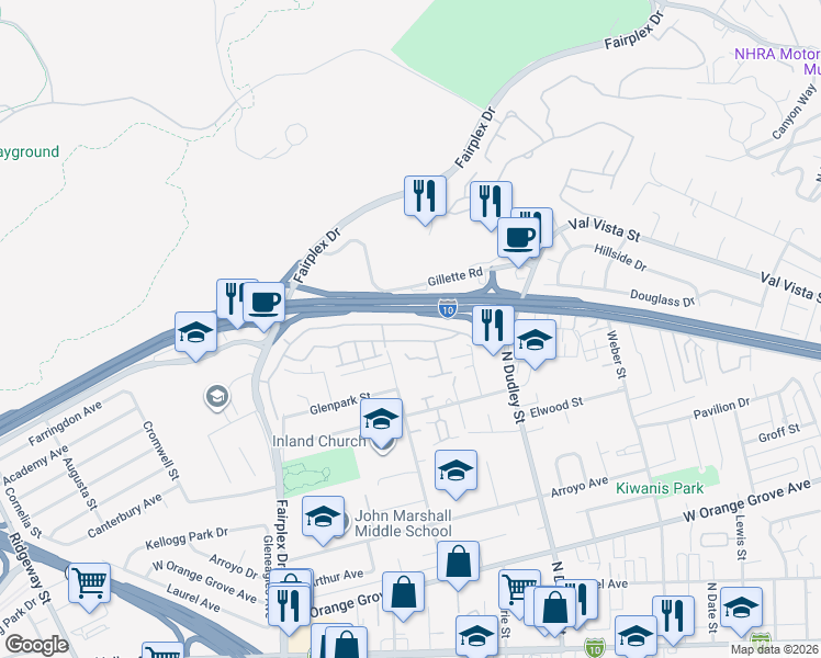 map of restaurants, bars, coffee shops, grocery stores, and more near 1671 Club Drive in Pomona