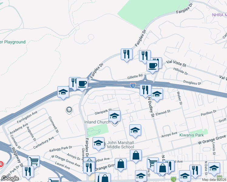 map of restaurants, bars, coffee shops, grocery stores, and more near 1731 Club Drive in Pomona