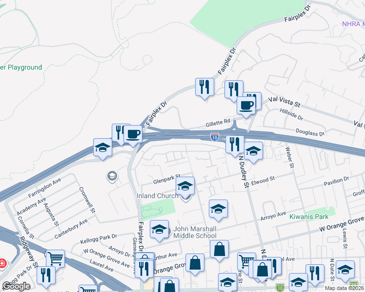 map of restaurants, bars, coffee shops, grocery stores, and more near 1731 Club Drive in Pomona