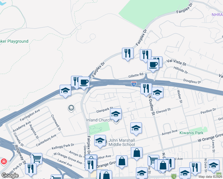 map of restaurants, bars, coffee shops, grocery stores, and more near 1731 Club Drive in Pomona