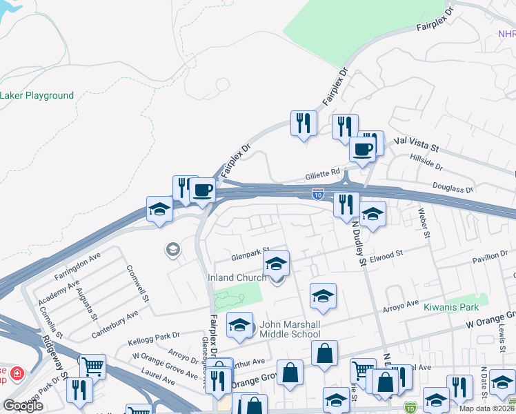 map of restaurants, bars, coffee shops, grocery stores, and more near 1731 Club Drive in Pomona