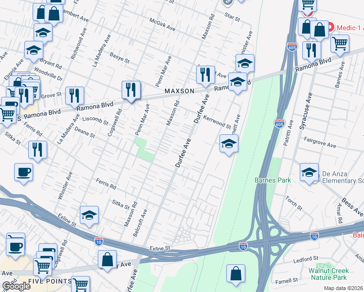 map of restaurants, bars, coffee shops, grocery stores, and more near 3921 Durfee Avenue in El Monte