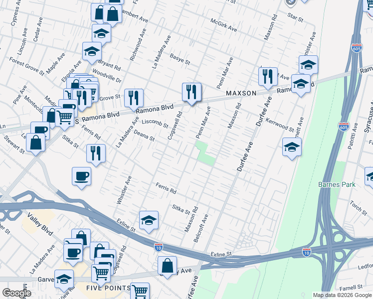 map of restaurants, bars, coffee shops, grocery stores, and more near 12043 Deana Street in El Monte