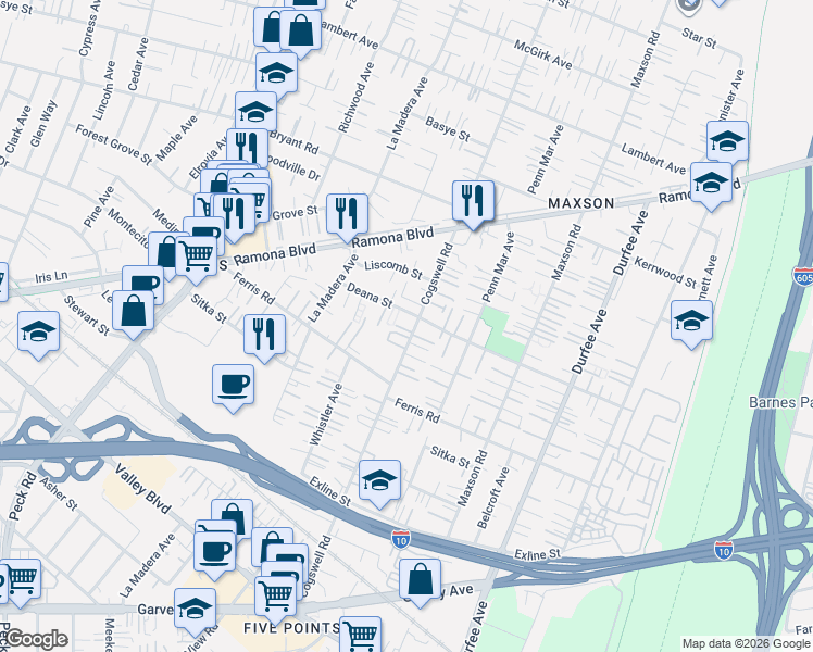 map of restaurants, bars, coffee shops, grocery stores, and more near in El Monte