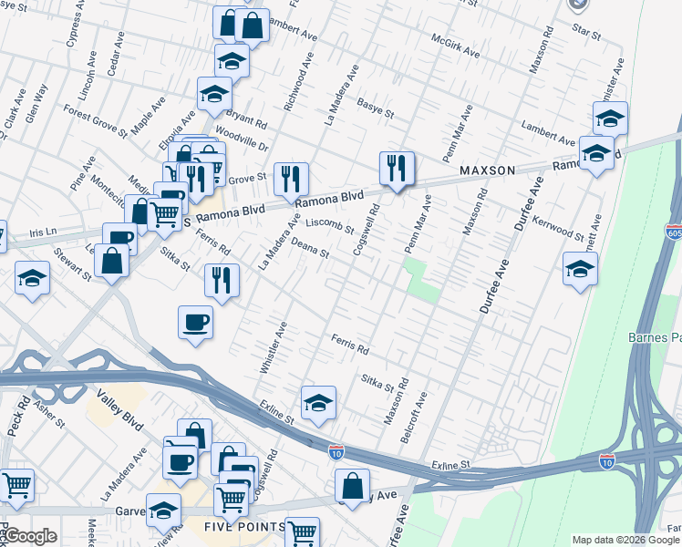 map of restaurants, bars, coffee shops, grocery stores, and more near in El Monte
