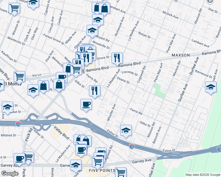 map of restaurants, bars, coffee shops, grocery stores, and more near 3711 La Madera Avenue in El Monte
