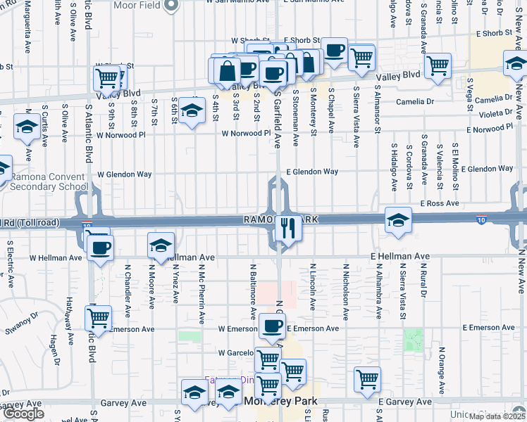 map of restaurants, bars, coffee shops, grocery stores, and more near 1836 South 2nd Street in Alhambra