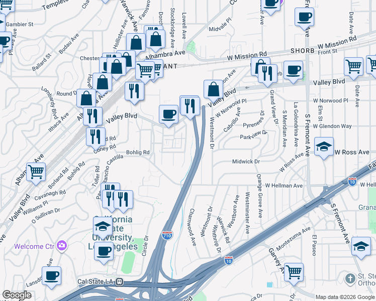 map of restaurants, bars, coffee shops, grocery stores, and more near 2316 Highbury Avenue in Los Angeles