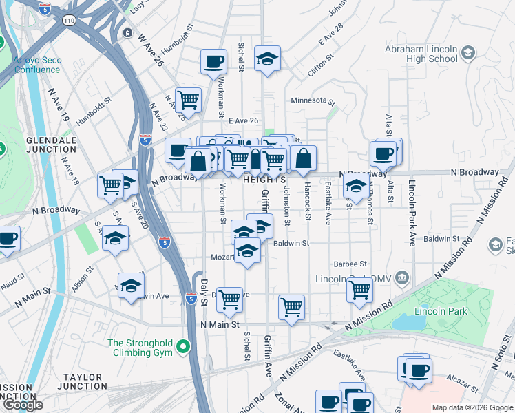 map of restaurants, bars, coffee shops, grocery stores, and more near 2319 Griffin Avenue in Los Angeles