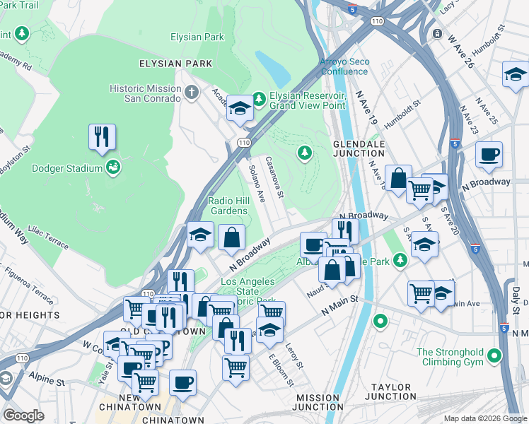 map of restaurants, bars, coffee shops, grocery stores, and more near 460 Solano Avenue in Los Angeles
