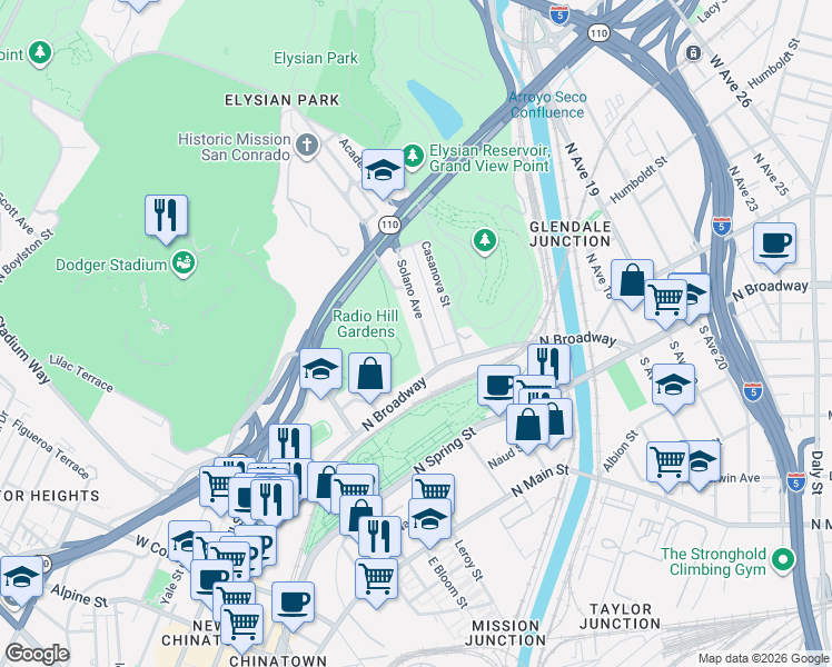 map of restaurants, bars, coffee shops, grocery stores, and more near 460 Solano Avenue in Los Angeles