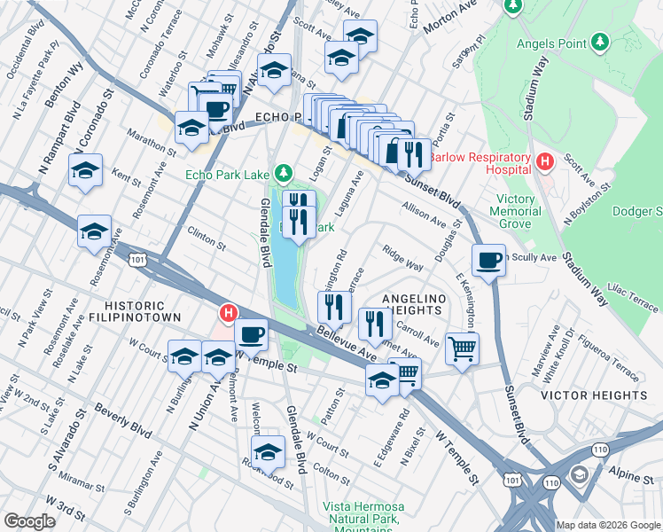 map of restaurants, bars, coffee shops, grocery stores, and more near 1048 West Kensington Road in Los Angeles