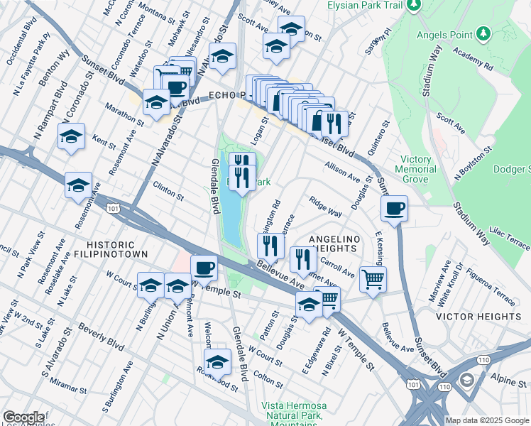 map of restaurants, bars, coffee shops, grocery stores, and more near 1048 West Kensington Road in Los Angeles