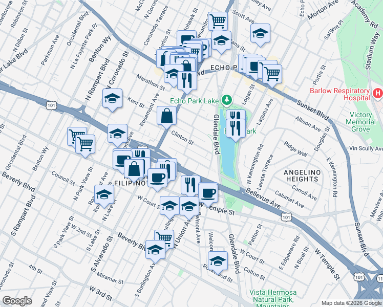 map of restaurants, bars, coffee shops, grocery stores, and more near 611 North Bonnie Brae Street in Los Angeles