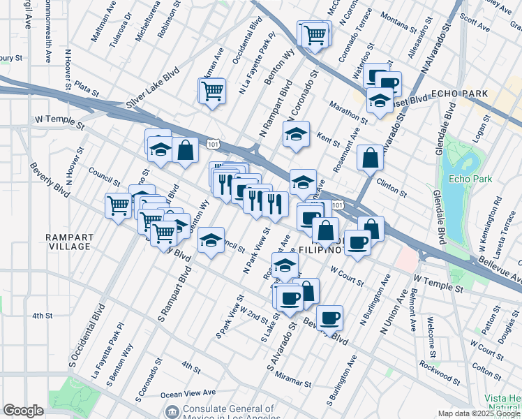 map of restaurants, bars, coffee shops, grocery stores, and more near 409 3/4 Coronado Terrace in Los Angeles
