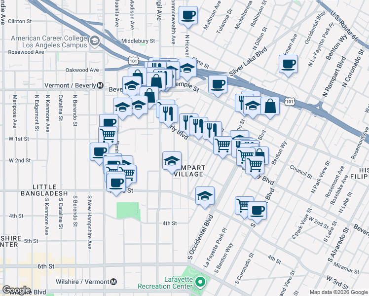 map of restaurants, bars, coffee shops, grocery stores, and more near 3224 Beverly Boulevard in Los Angeles