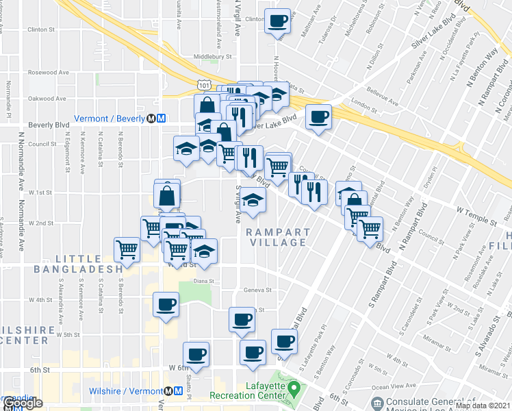 map of restaurants, bars, coffee shops, grocery stores, and more near 134 South Commonwealth Avenue in Los Angeles