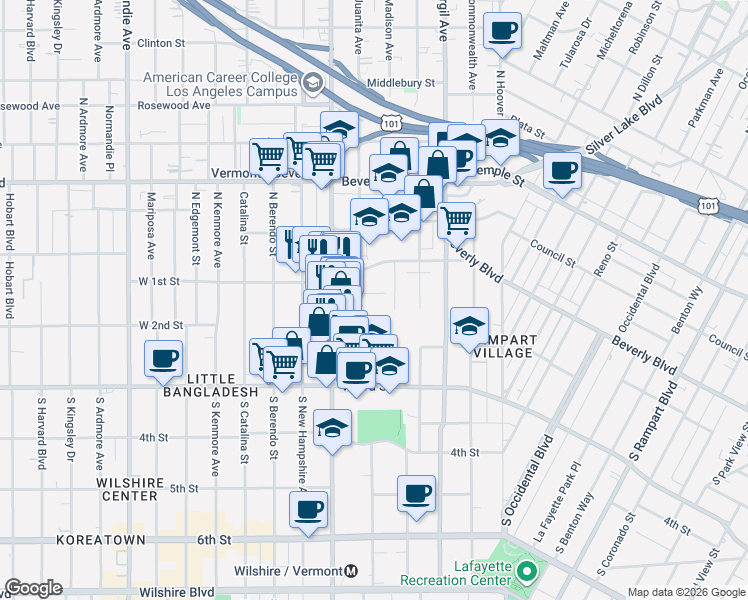 map of restaurants, bars, coffee shops, grocery stores, and more near 3533 White House Place in Los Angeles