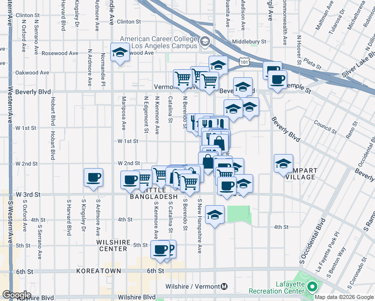 map of restaurants, bars, coffee shops, grocery stores, and more near 3736-3748 West 1st Street in Los Angeles