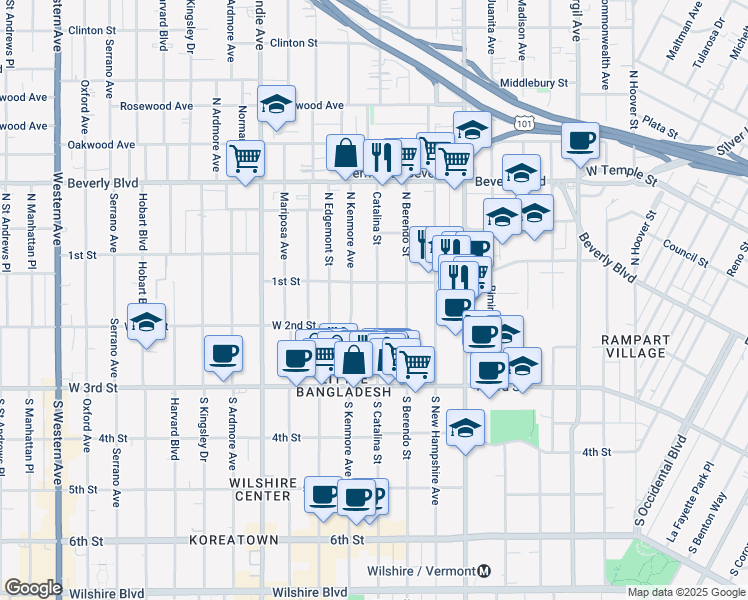 map of restaurants, bars, coffee shops, grocery stores, and more near 103 South Catalina Street in Los Angeles