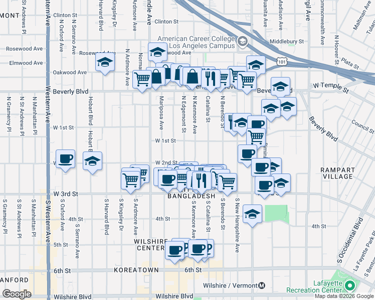 map of restaurants, bars, coffee shops, grocery stores, and more near 100 South Edgemont Street in Los Angeles