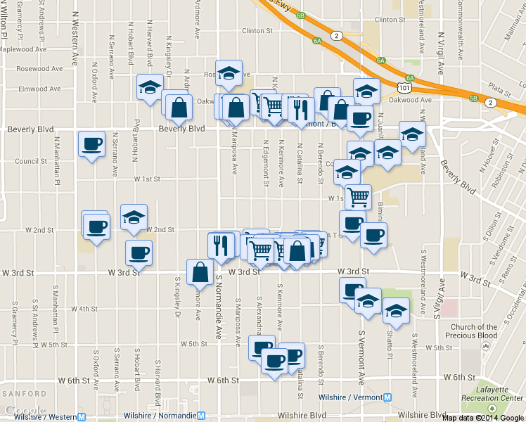 map of restaurants, bars, coffee shops, grocery stores, and more near 100 South Edgemont Street in Los Angeles