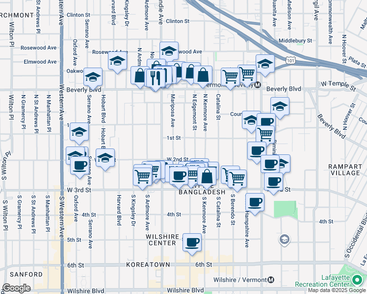 map of restaurants, bars, coffee shops, grocery stores, and more near 110 South Mariposa Avenue in Los Angeles