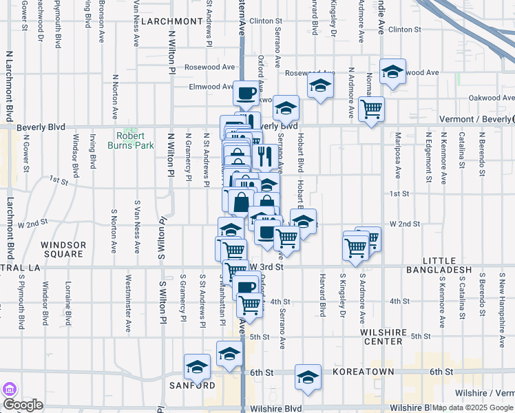map of restaurants, bars, coffee shops, grocery stores, and more near 143 South Oxford Avenue in Los Angeles