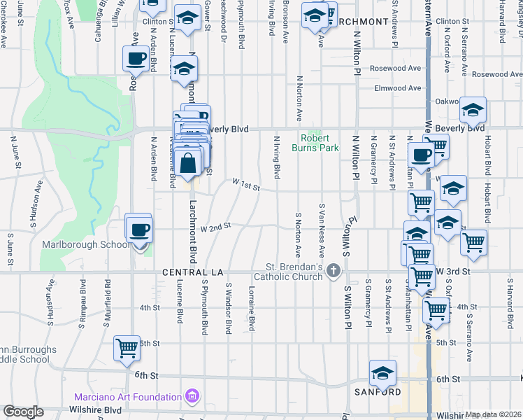 map of restaurants, bars, coffee shops, grocery stores, and more near 125 South Windsor Boulevard in Los Angeles