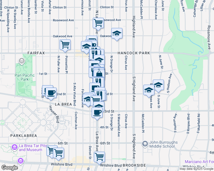 map of restaurants, bars, coffee shops, grocery stores, and more near 142 South Sycamore Avenue in Los Angeles