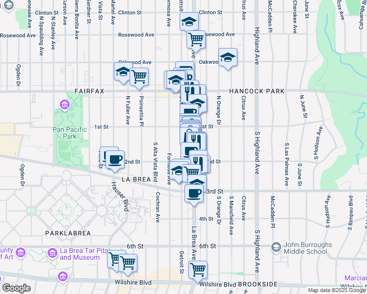 map of restaurants, bars, coffee shops, grocery stores, and more near 139 South Detroit Street in Los Angeles