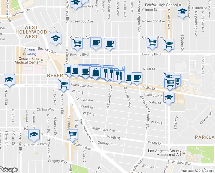 map of restaurants, bars, coffee shops, grocery stores, and more near 8330 West 3rd Street in Los Angeles