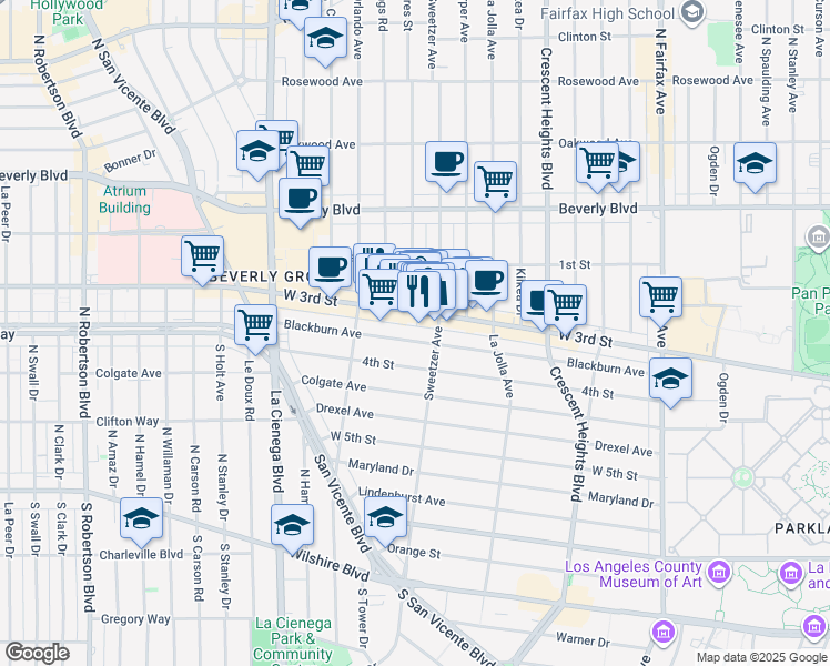 map of restaurants, bars, coffee shops, grocery stores, and more near 8330 West 3rd Street in Los Angeles