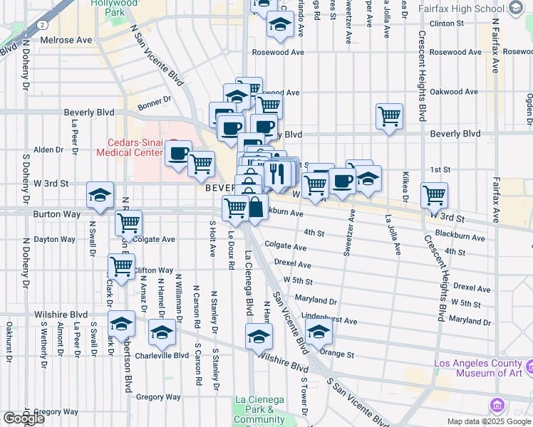 map of restaurants, bars, coffee shops, grocery stores, and more near 8461 Blackburn Avenue in Los Angeles