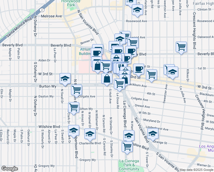 map of restaurants, bars, coffee shops, grocery stores, and more near 8569 Burton Way in Los Angeles