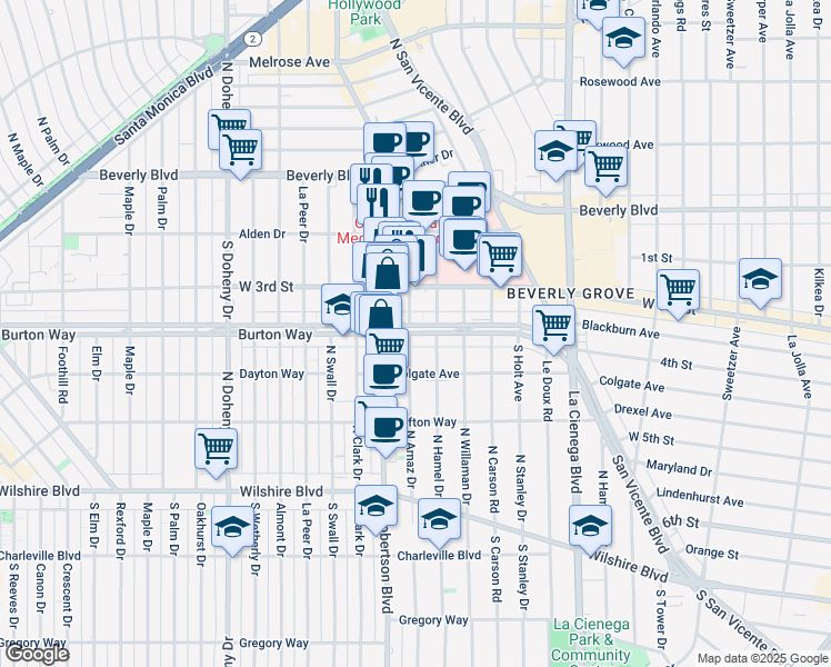 map of restaurants, bars, coffee shops, grocery stores, and more near 8757 Burton Way in West Hollywood