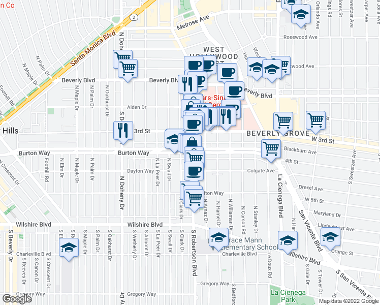 map of restaurants, bars, coffee shops, grocery stores, and more near in Beverly Hills