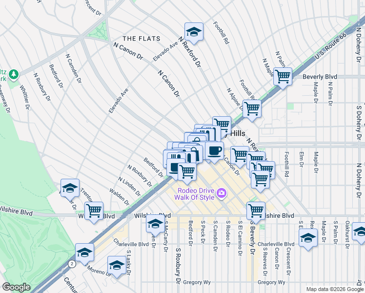 map of restaurants, bars, coffee shops, grocery stores, and more near 510 North Rodeo Drive in Beverly Hills