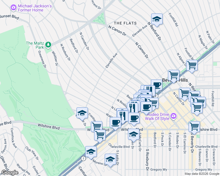 map of restaurants, bars, coffee shops, grocery stores, and more near 615 North Bedford Drive in Beverly Hills