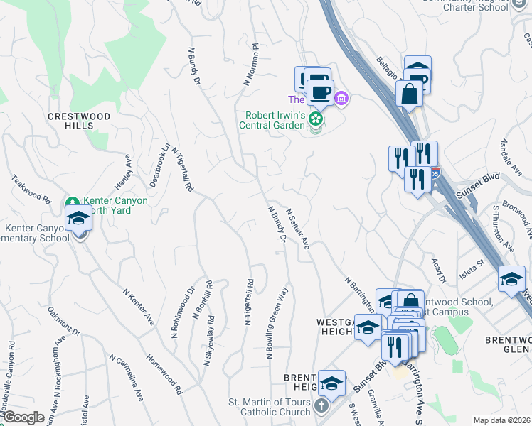 map of restaurants, bars, coffee shops, grocery stores, and more near 671 North Saltair Avenue in Los Angeles