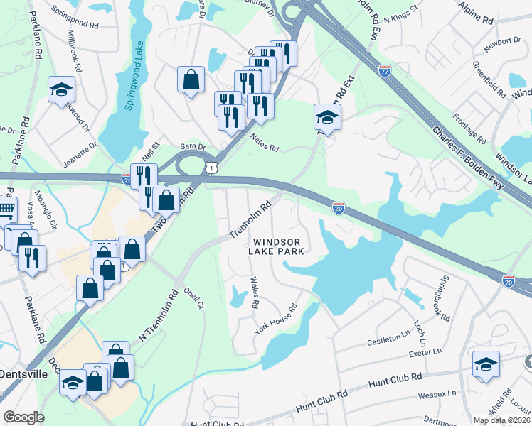 map of restaurants, bars, coffee shops, grocery stores, and more near 2924 Chatsworth Road in Columbia