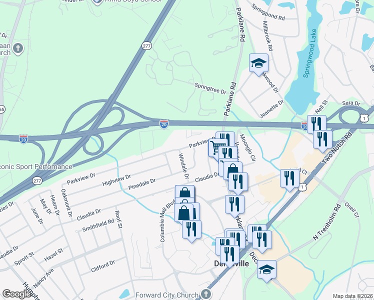 map of restaurants, bars, coffee shops, grocery stores, and more near 7603 Parkview Drive in Columbia