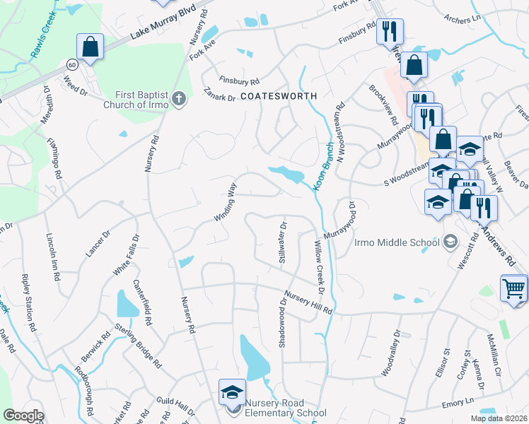 map of restaurants, bars, coffee shops, grocery stores, and more near 332 Post Oak Way in Columbia
