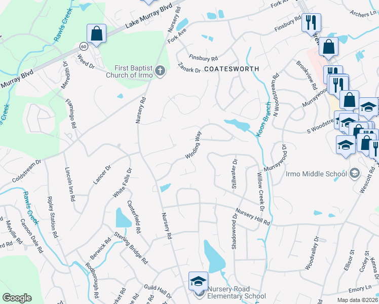 map of restaurants, bars, coffee shops, grocery stores, and more near 303 Winding Way in Columbia